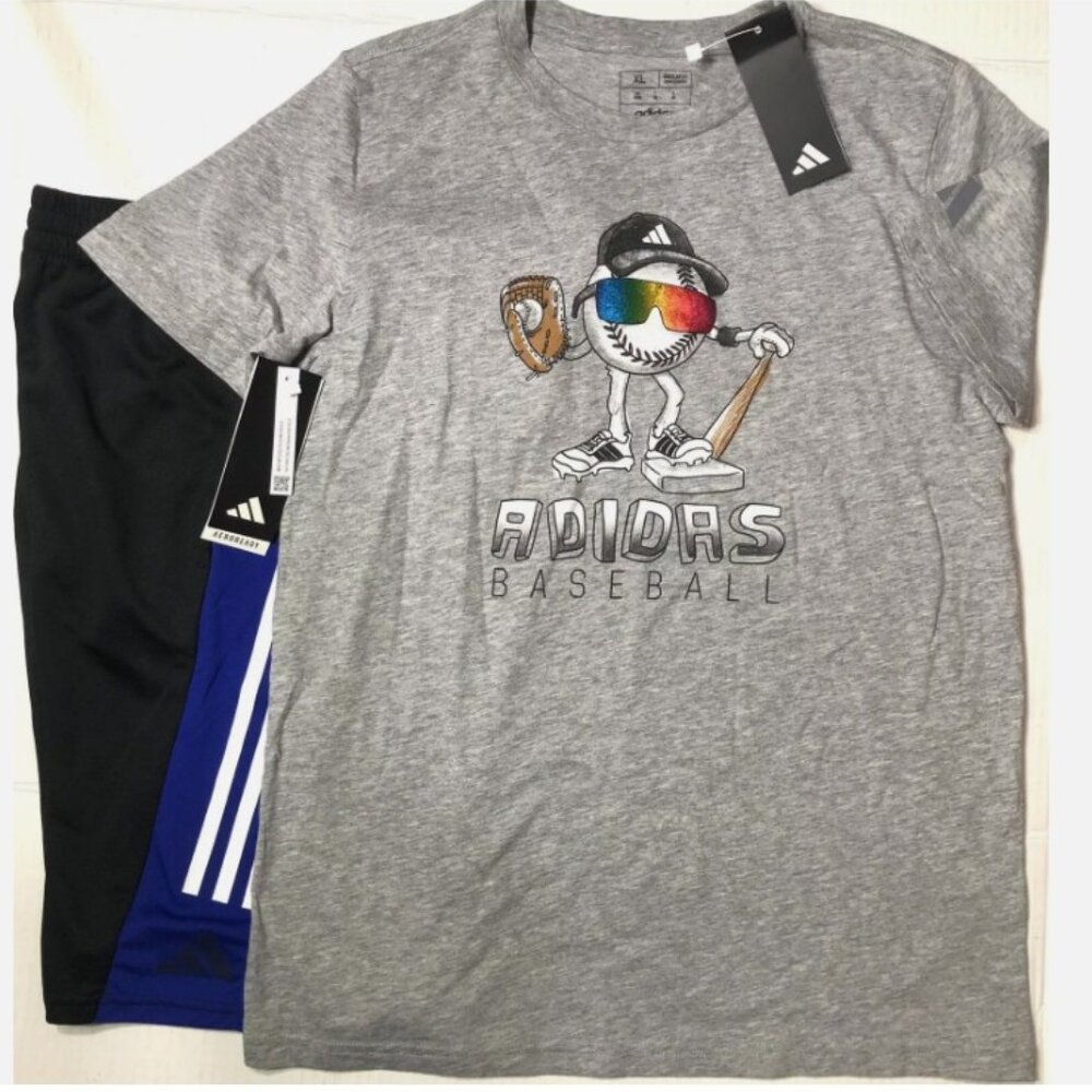Boys Baseball Adidas 2 pc Short Set Tee Sports Athletic Bottoms Shirt Youth XL